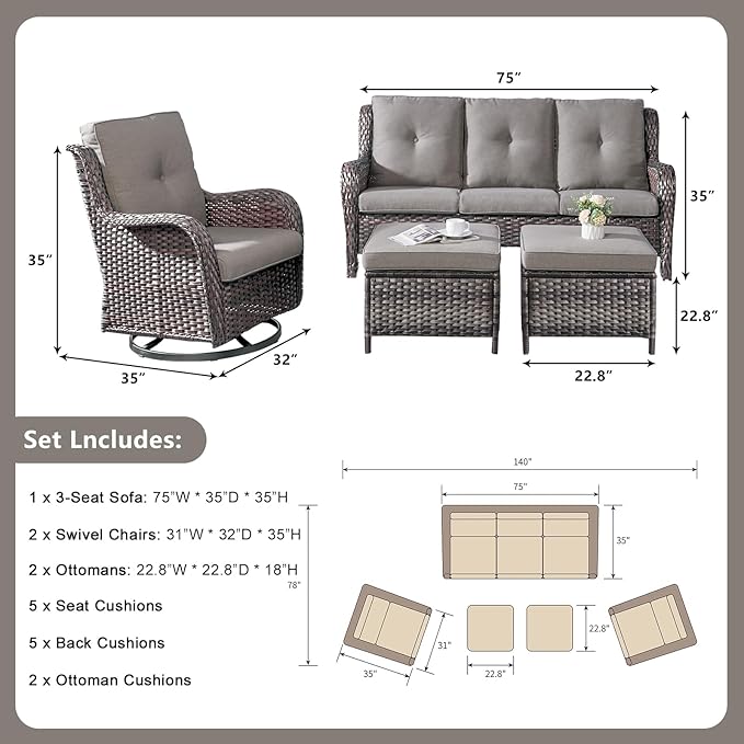 Rilyson Wicker Patio Furniture Set - 5 PC Rattan Outdoor Sectional Conversation Sets with 2 Rocking Swivel Chairs - Photo 5