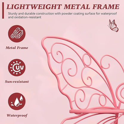 49 Inch Outdoor Bench, Pink Garden Bench with Metal Frame, Weatherproof Butterfly Front Porch Benches for Lawn, Garden, Yard, Balcony