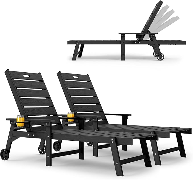 YEFU Lounge Chair Outdoor Set of 2: Outdoor Chaise Lounge with 5-Level Adjustable Backrest, Cup Holders & Wheels, All-Weather Resistance Chaise Lounge for Outside/Patio/Beach/Deck, Black