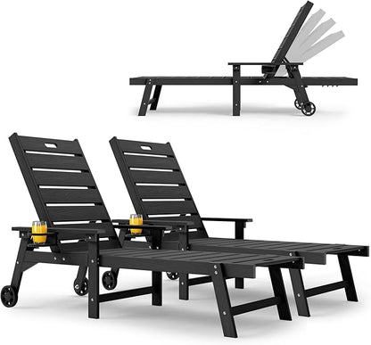 YEFU Lounge Chair Outdoor Set of 2: Outdoor Chaise Lounge with 5-Level Adjustable Backrest, Cup Holders & Wheels, All-Weather Resistance Chaise Lounge for Outside/Patio/Beach/Deck, Black