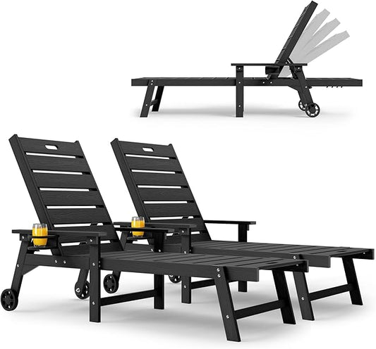 YEFU Lounge Chair Outdoor Set of 2: Outdoor Chaise Lounge with 5-Level Adjustable Backrest, Cup Holders & Wheels, All-Weather Resistance Chaise Lounge for Outside/Patio/Beach/Deck, Black