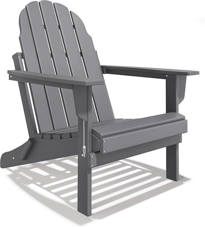 Folding Adirondack Chair - Durable HDPE Poly Lumber All-Weather Resistant, Foldable Oversized Balcony Porch Patio Outdoor Chair for Lawn, Backyard, Deck, Garden, Camping - Easy Installation, Gray