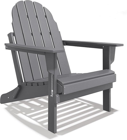 Folding Adirondack Chair - Durable HDPE Poly Lumber All-Weather Resistant, Foldable Oversized Balcony Porch Patio Outdoor Chair for Lawn, Backyard, Deck, Garden, Camping - Easy Installation, Gray