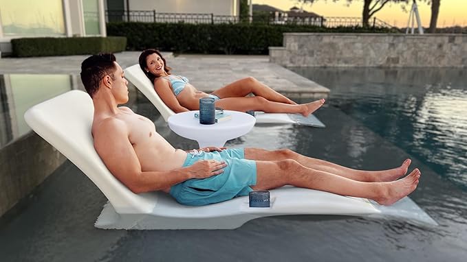 in Pool Chaise Lounge Chairs Set of 2 with Hourglass Side Table for Baja Sun Tanning Shelf Ledge, Handy Cup Holder, Suitable for Use in Water up to 6 Inches Deep, White