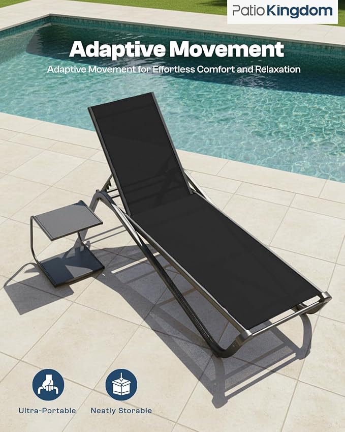 Lounge Chair Set of 2, Aluminum Chaise Lounge Outdoor with Side Table, Lightweight Lounge Chairs for Outside with 5 Adjustable Backrest, Pool Lounger for Poolside, Beach, Balcony(Black)