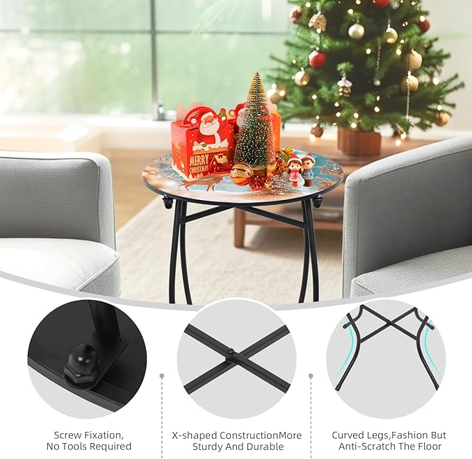 21" H Metal Side Table, Unique Christmas Tabletop with Metal Frame, Round End Bedside Table Accent Table for Bedroom Patio Yard Porch Balcony Garden