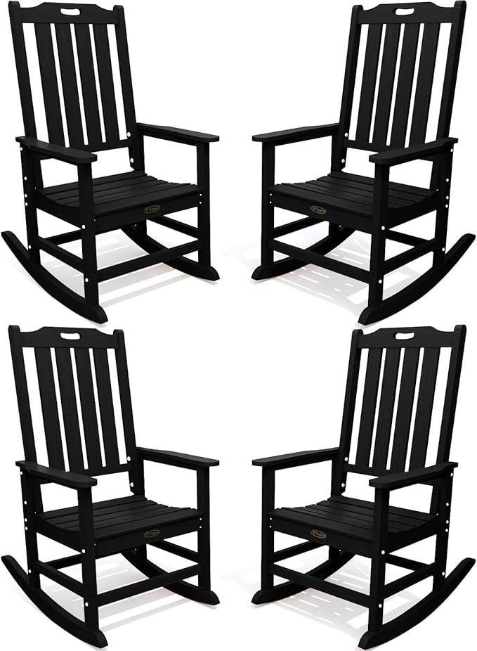 Oversized Rocking Chair Set of 4, Outdoor Rocking Chair for Adults, All Weather Resistant Porch Rocker for Lawn Garden, Black