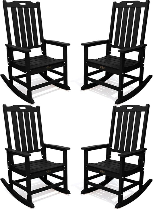 Oversized Rocking Chair Set of 4, Outdoor Rocking Chair for Adults, All Weather Resistant Porch Rocker for Lawn Garden, Black