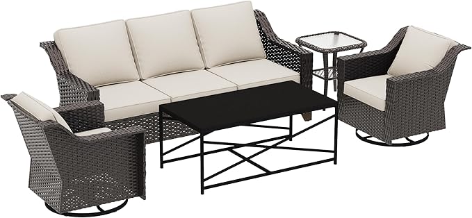 5 Pieces Outdoor Conversation Furniture Set - 77" Patio Sofa, 2 Swivel Rocker Chairs, 1 Side Table, 1 Metal Coffee Table - Photo 6