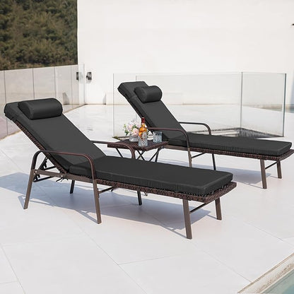 Kurapika Patio Chaise Lounge Set 3 Pieces Outdoor Lounge Chair, Rattan Reclining Chair Adjustable Backrest, Pool Sunbathing Recliners with Folding Table for Poolside Beach, Black