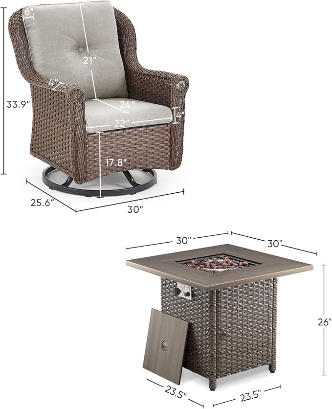 Outdoor Patio Swivel Gliders with Fire Pit Table 5 Piece Set - High Back Brown Wicker Rattan Rocking Chair with Thick - Photo 3