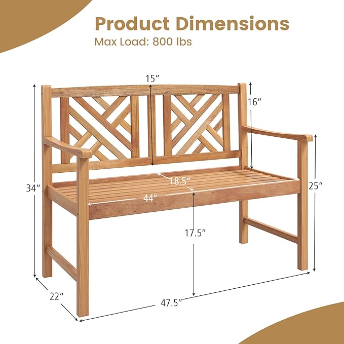 COSTWAY Outdoor Wooden Bench, Outdoor Acacia Wood Loveseat with Curved Armrest & Backrest, Sturdy Wood Bench for Garden - Photo 3
