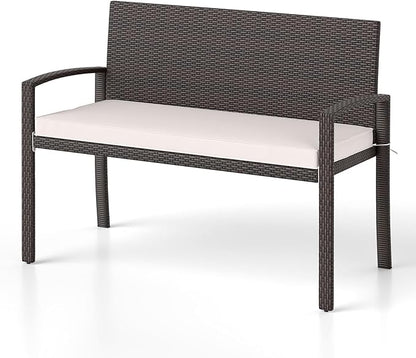 Byroce Outdoor Rattan Bench, Patio Loveseat with Backrest, Armrest & Removable Cushion, Upholstered Wicker Love Seat Furniture for Balcony, Backyard, Porch & Garden, Rustic Brown