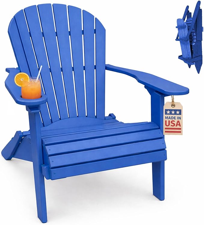 Ecommersify Folding Adirondack Chair with Cup Holder - (Blue) - Heavy Duty Recycled Poly Lumber Folding Chair - Amish Crafted Outdoor Furniture - Made in USA