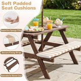 Costzon Kids Picnic Table, Wooden Toddler Outdoor Table & Bench Set with Removable Umbrella & Cushions, Stripe Fabric - Photo 5