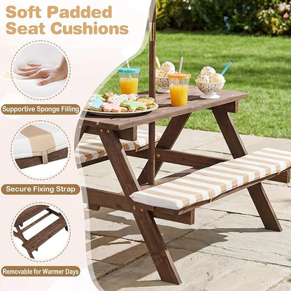 Costzon Kids Picnic Table, Wooden Toddler Outdoor Table & Bench Set with Removable Umbrella & Cushions, Stripe Fabric, Kids Outdoor Furniture for Patio Backyard Garden, Fits 4 Children Age 3+ (Coffee)
