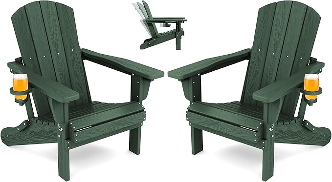 SERWALL Folding Adirondack Chair Set of 2, Reclining Adirondack Chair with 3 Recline Positions, All Weather HDPE Outdoor Adirondack, Green