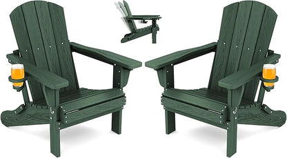 SERWALL Folding Adirondack Chair Set of 2, Reclining Adirondack Chair with 3 Recline Positions, All Weather HDPE Outdoor Adirondack, Green