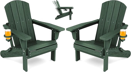 SERWALL Folding Adirondack Chair Set of 2, Reclining Adirondack Chair with 3 Recline Positions, All Weather HDPE Outdoor Adirondack, Green