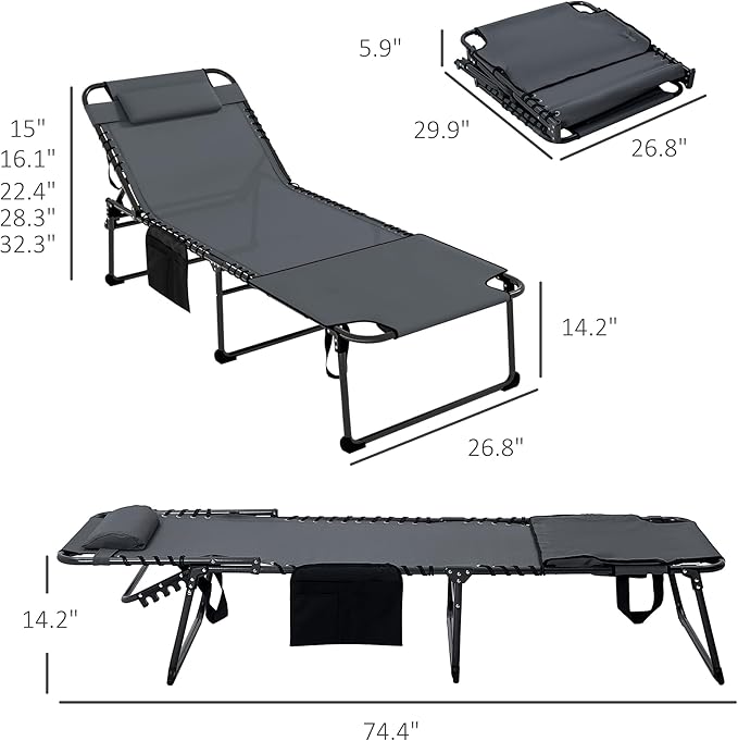 Outsunny 2 Piece Folding Chaise Lounge with 5-Level Reclining Back, Tanning Chair with Face Hole - Photo 3