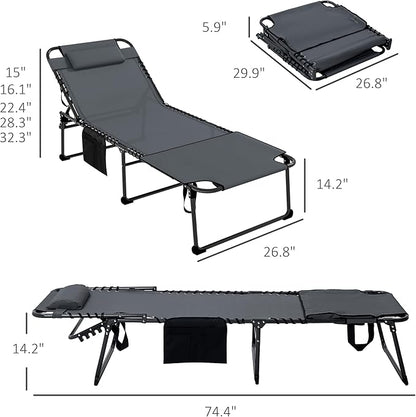 Outsunny 2 Piece Folding Chaise Lounge with 5-Level Reclining Back, Tanning Chair with Face Hole, Outdoor Lounge Chair with Side Pocket & Headrest for Beach, Yard, Patio, Gray