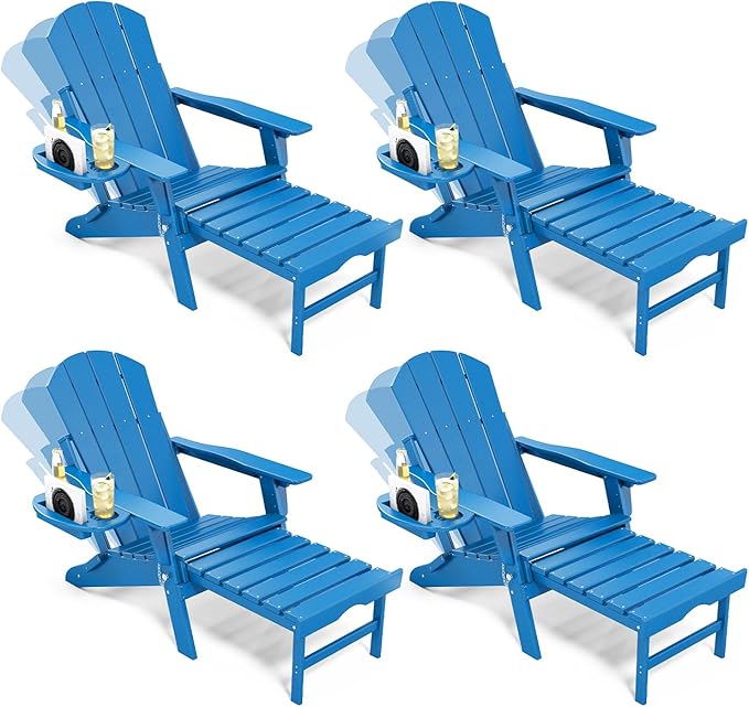 Adjustable Adirondack Chair with Retractable Ottoman Set of 4, HDPE Folding Adirondack Chair with Cup Holder, All Weather Fire Pit Chair for Outdoor.
