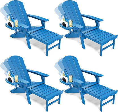 Adjustable Adirondack Chair with Retractable Ottoman Set of 4, HDPE Folding Adirondack Chair with Cup Holder, All Weather Fire Pit Chair for Outdoor.