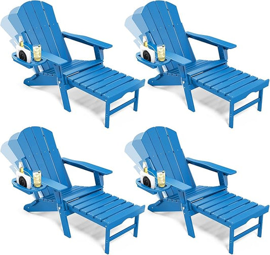 Adjustable Adirondack Chair with Retractable Ottoman Set of 4, HDPE Folding Adirondack Chair with Cup Holder, All Weather Fire Pit Chair for Outdoor.