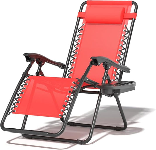 Zero Gravity Chair, Portable Outdoor Chair, Reclining Patio Lounge Chair with Adjustable Pillow and Cup Holder Trays for Outdoor, Patio, Beach, Camping, Garden, Poolside, Red