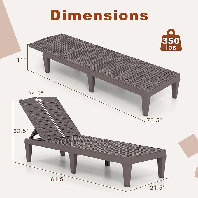 Tangkula Lounge Chair Outdoor Set of 2, Patio PP Pool Lounge Chairs with 5-Position Adjustable Backrests, Easy Assembly, Recliner Chaise Lounger for Poolside, Deck, Backyard, Porch (2, Brown)
