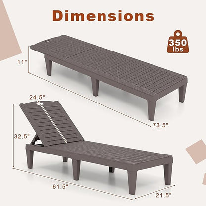 Tangkula Lounge Chair Outdoor Set of 2, Patio PP Pool Lounge Chairs with 5-Position Adjustable Backrests, Easy Assembly, Recliner Chaise Lounger for Poolside, Deck, Backyard, Porch (2, Brown)