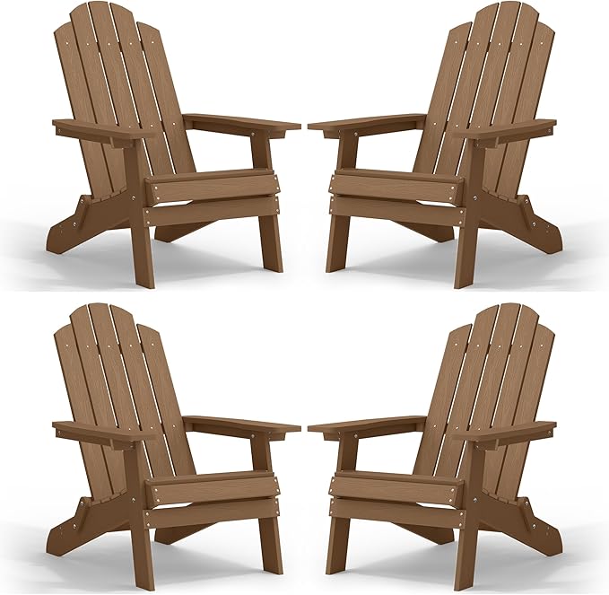 MXIMU Folding Adirondack Chair for Outdoor: Easy to Assemble and Comfortable Adirondack Chairs Set of 4 - All Weather Composite Plastic Chair for Outside Fire Pit Patio Lawn Garden Backyard Use(Teak)