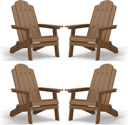 MXIMU Folding Adirondack Chair for Outdoor: Easy to Assemble and Comfortable Adirondack Chairs Set of 4 - All Weather Composite Plastic Chair for Outside Fire Pit Patio Lawn Garden Backyard Use(Teak)