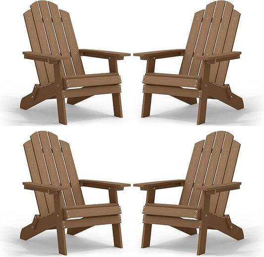 MXIMU Folding Adirondack Chair for Outdoor: Easy to Assemble and Comfortable Adirondack Chairs Set of 4 - All Weather Composite Plastic Chair for Outside Fire Pit Patio Lawn Garden Backyard Use(Teak)