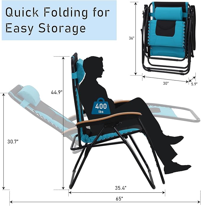 PHI VILLA XXL Oversized Padded Zero Gravity Chair Set of 2, Foldable Patio Recliner - Photo 3