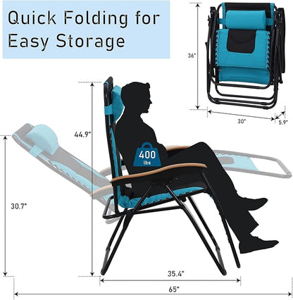 PHI VILLA XXL Oversized Padded Zero Gravity Chair Set of 2, Foldable Patio Recliner, 30" Wide Seat Anti Gravity Lounger with Armrest and Cup Holder, Support 400 LBS (Aqua Blue)