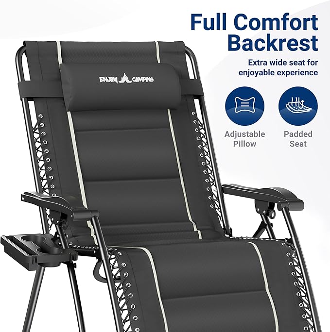 UDPATIO Zero Gravity Chair Oversized Outdoor Anti Gravity Chairs Patio Lounge Folding Adjustable Chair with Cup Holder, Foot Pad & Padded Headrest, Supports 500lbs (2, Grey, 33in)