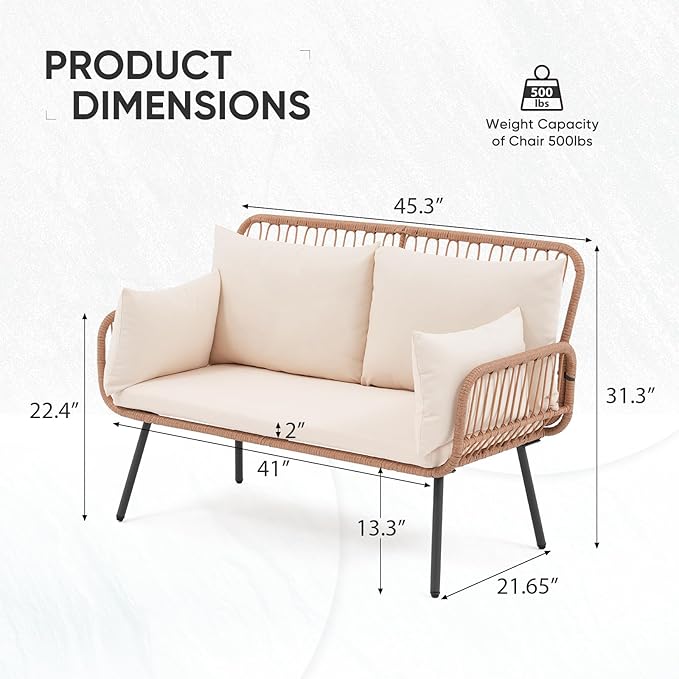 Verano Garden Patio Loveseat, Outdoor Balcony Furniture, Wicker Patio Set with Cushions & Pillows, Patio Furniture Couch for Porch, Backyard, Deck, Poolside (Cream White)