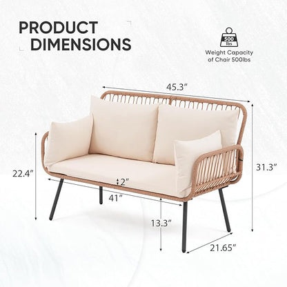 Verano Garden Patio Loveseat, Outdoor Balcony Furniture, Wicker Patio Set with Cushions & Pillows, Patio Furniture Couch for Porch, Backyard, Deck, Poolside (Cream White)