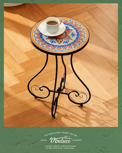 VONLUCE Outdoor Side Table and Mosaic Plant Stand, Round End Table with 14" Ceramic Tile Top for Patio Porch Decor, 21" Tall Indoor Outdoor Accent Table, Small Coffee Table for Home Garden, Ukrainian