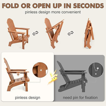 Folding Adirondack Chairs Set of 4, All Weather Stable Gun-Leg Design Fire Pit Chairs with Cupholder for Outside