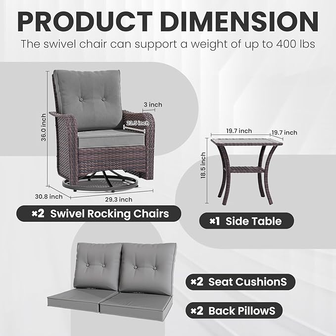 Gotland Outdoor Swivel Chairs Set of 2, 3 Pieces Patio Furniture Set with Thick Cushion, Wicker Rocking Patio Chairs Set of 2, Patio Bistro Set with Double-Layer Coffee Table for Balcony Porch Gray