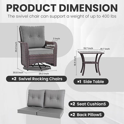 Gotland Outdoor Swivel Chairs Set of 2, 3 Pieces Patio Furniture Set with Thick Cushion, Wicker Rocking Patio Chairs Set of 2, Patio Bistro Set with Double-Layer Coffee Table for Balcony Porch Gray