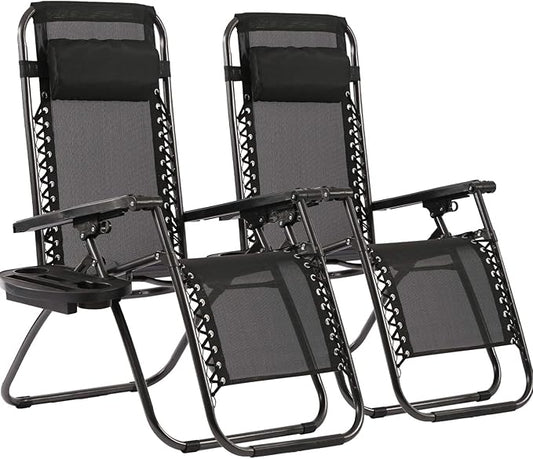 FDW Zero Gravity Lawn Lounge Chairs Set of 2 with Pillow and Cup Holder - Adjustable Reclining Folding Outdoor Chairs for Deck, Beach, Yard