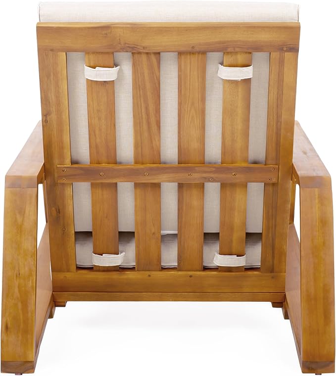Christopher Knight Home Smeb Lounge Chair Outdoor with Cushions, Acacia Wood Adirondack Chair, Slatted Design Side Chair, Extra Seating for Balcony Backyard Poolside Garden, Teak + Beige