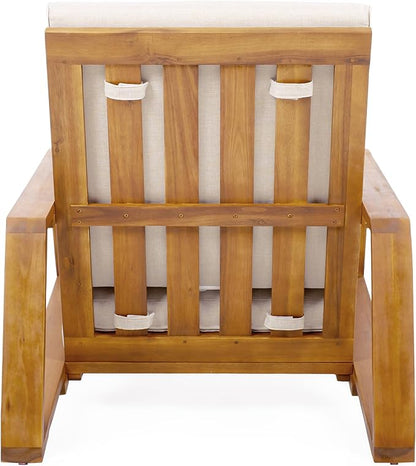 Christopher Knight Home Smeb Lounge Chair Outdoor with Cushions, Acacia Wood Adirondack Chair, Slatted Design Side Chair, Extra Seating for Balcony Backyard Poolside Garden, Teak + Beige