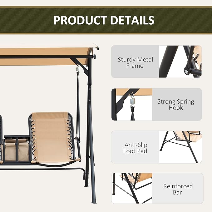 Outsunny 2-Seat Patio Swing Chair, Outdoor Canopy Swing Glider with Pivot Storage Table, Cup Holder, Adjustable Shade - Photo 6