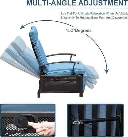 Domi Adjustable Patio Recliner Chair Metal Outdoor Lounge Chair with Flip Table Push Back, Adjustable Angle, Removable Cushions, Support 350lbs, Navy Blue