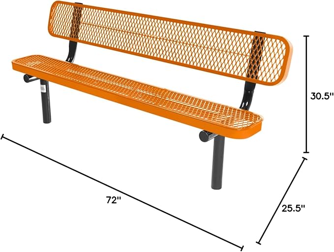 COATEDOUTDOORFURNITURE Heavy-Duty Outdoor Bench Thermoplastic Coated, Expanded Metal, Commercial-Grade Seating, Made in America (Inground with Back, 6 Ft, Textured Orange)