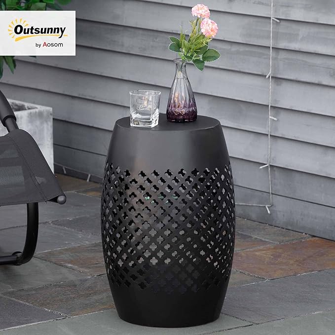 Outsunny 12" Steel Outdoor Side Table, Round Hollow Drum Patio End Table, Accent Table for Indoor and Outdoor, Black